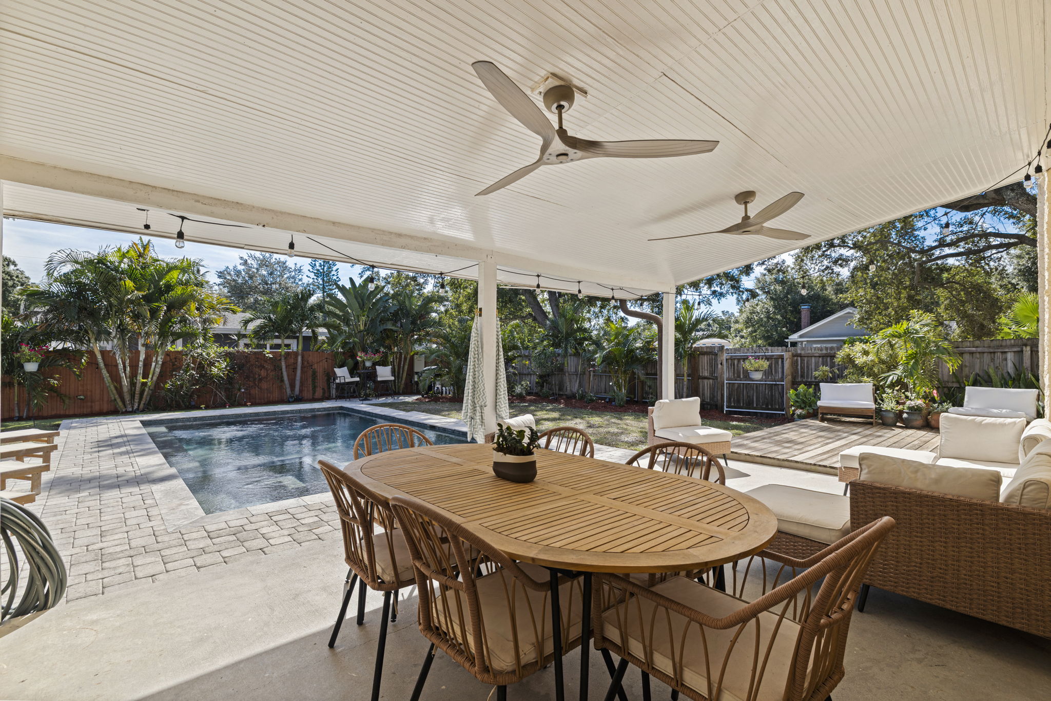 Covered patio overlooking the saltwater pool