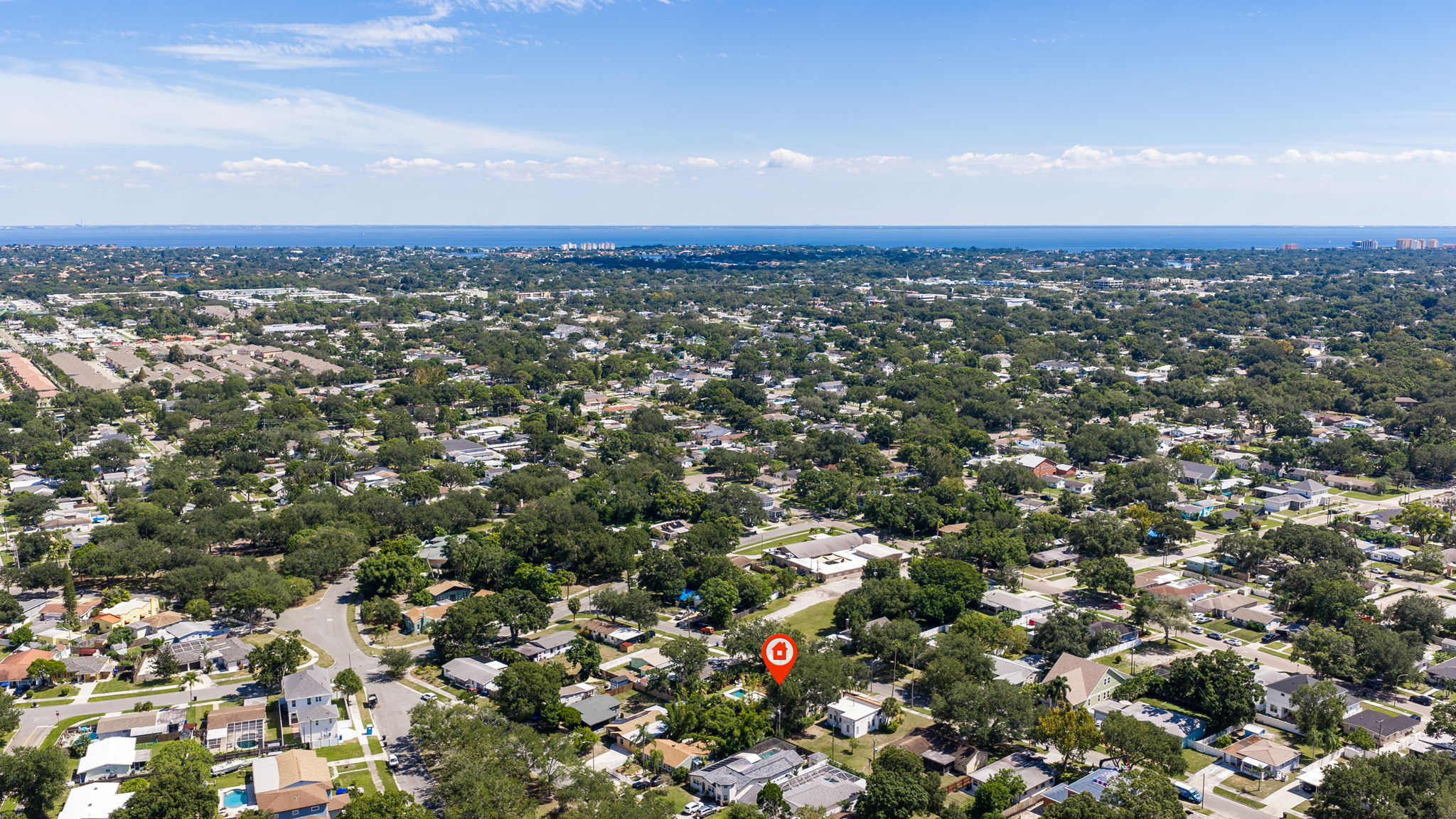 Aerial view showing the home’s St. Petersburg setting